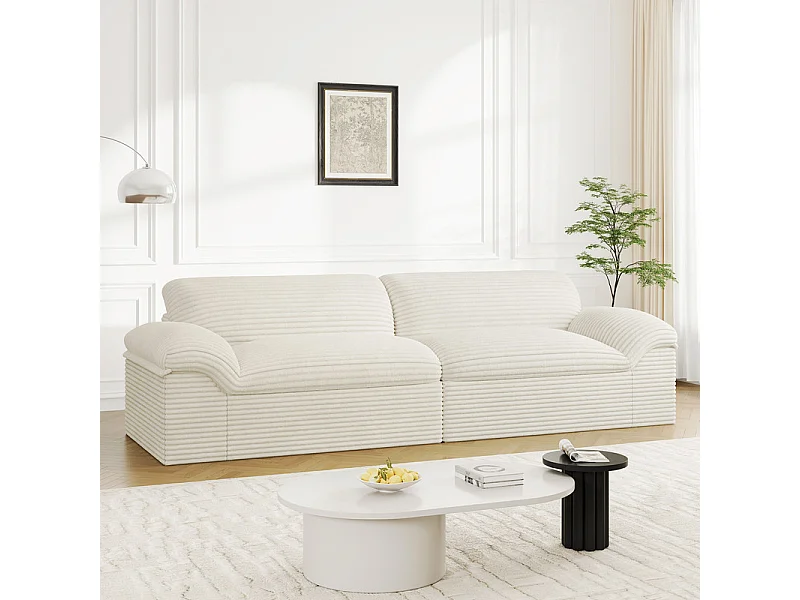 Canapé 3/4 places modulable en velours côtelé grosses côtes - 260x103x80cm - Beige
