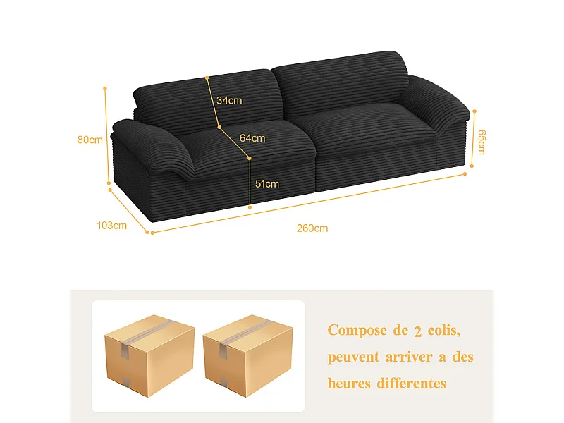 Canapé 3/4 places modulable en velours côtelé grosses côtes - 260x103x80cm - Noir