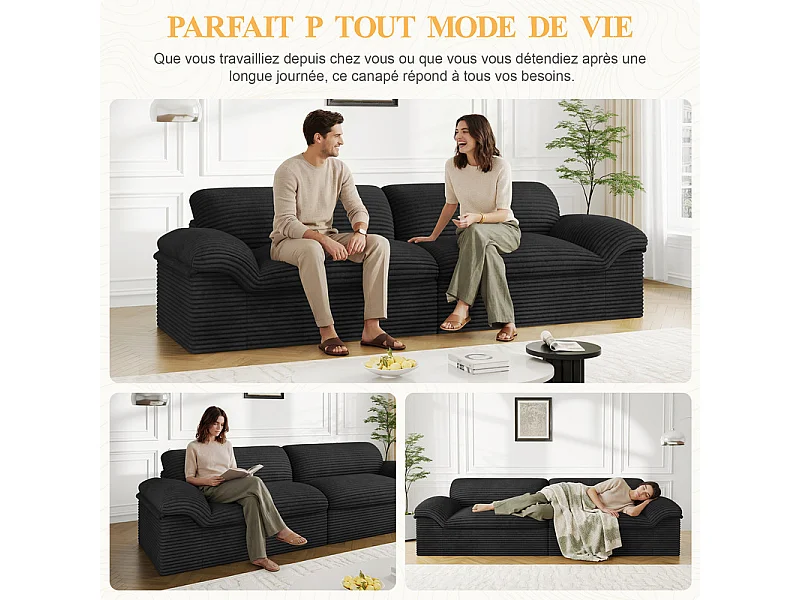 Canapé 3/4 places modulable en velours côtelé grosses côtes - 260x103x80cm - Noir