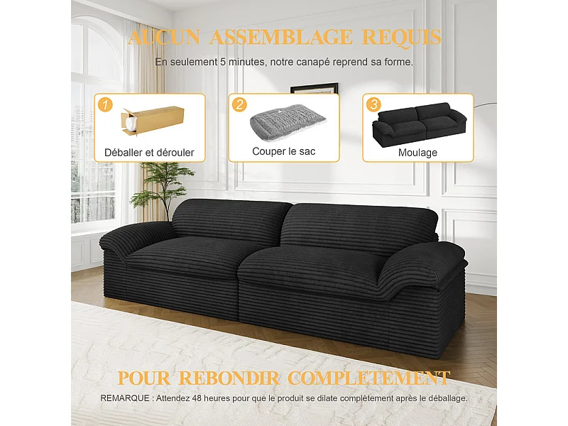 Canapé 3/4 places modulable en velours côtelé grosses côtes - 260x103x80cm - Noir
