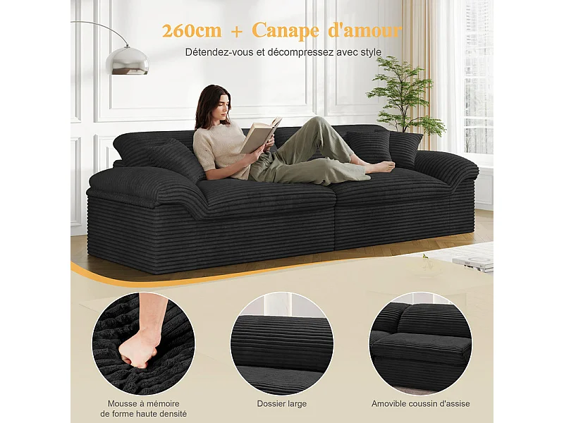 Canapé 3/4 places modulable en velours côtelé grosses côtes - 260x103x80cm - Noir