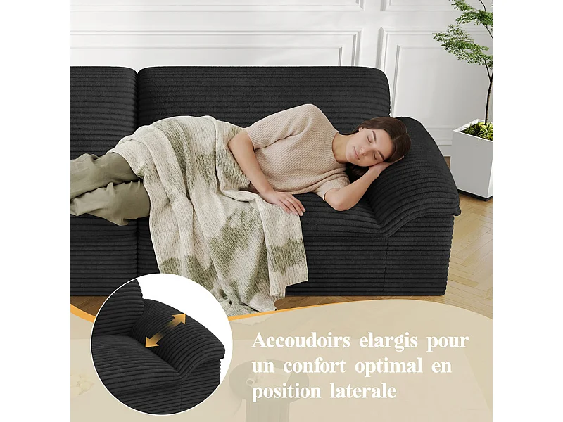 Canapé 3/4 places modulable en velours côtelé grosses côtes - 260x103x80cm - Noir