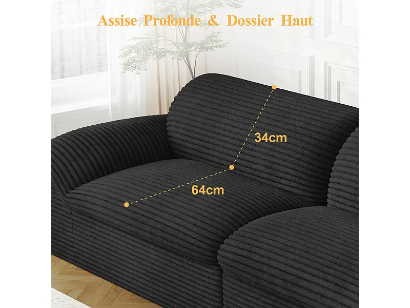 Canapé 3/4 places modulable en velours côtelé grosses côtes - 260x103x80cm - Noir
