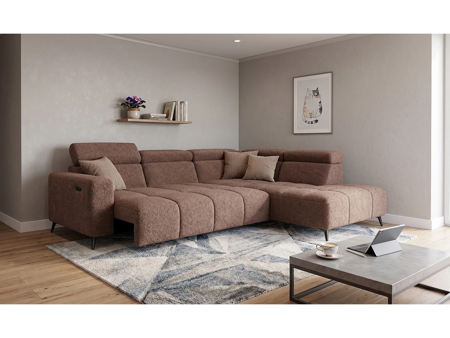 Canapé d’angle Felicity – premium, relaxation électrique, USB et design modern organic