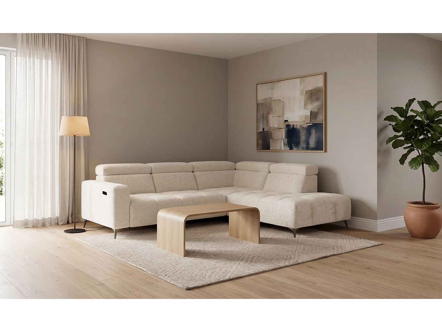 Canapé d’angle Felicity – premium, relaxation électrique, USB et design modern organic