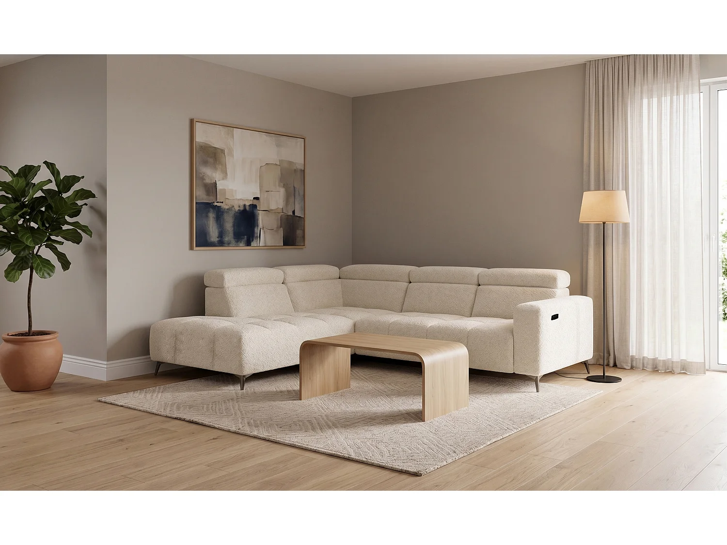 Canapé d’angle Felicity – premium, relaxation électrique, USB et design modern organic