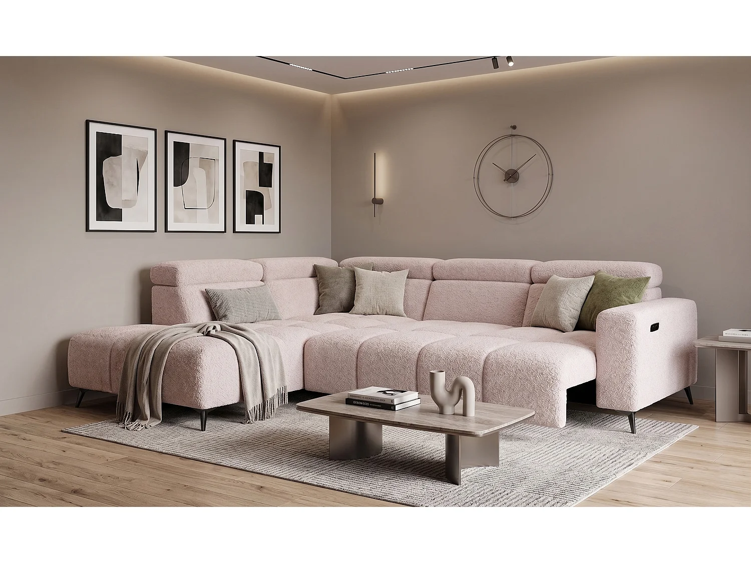 Canapé d’angle Felicity – premium, relaxation électrique, USB et design modern organic