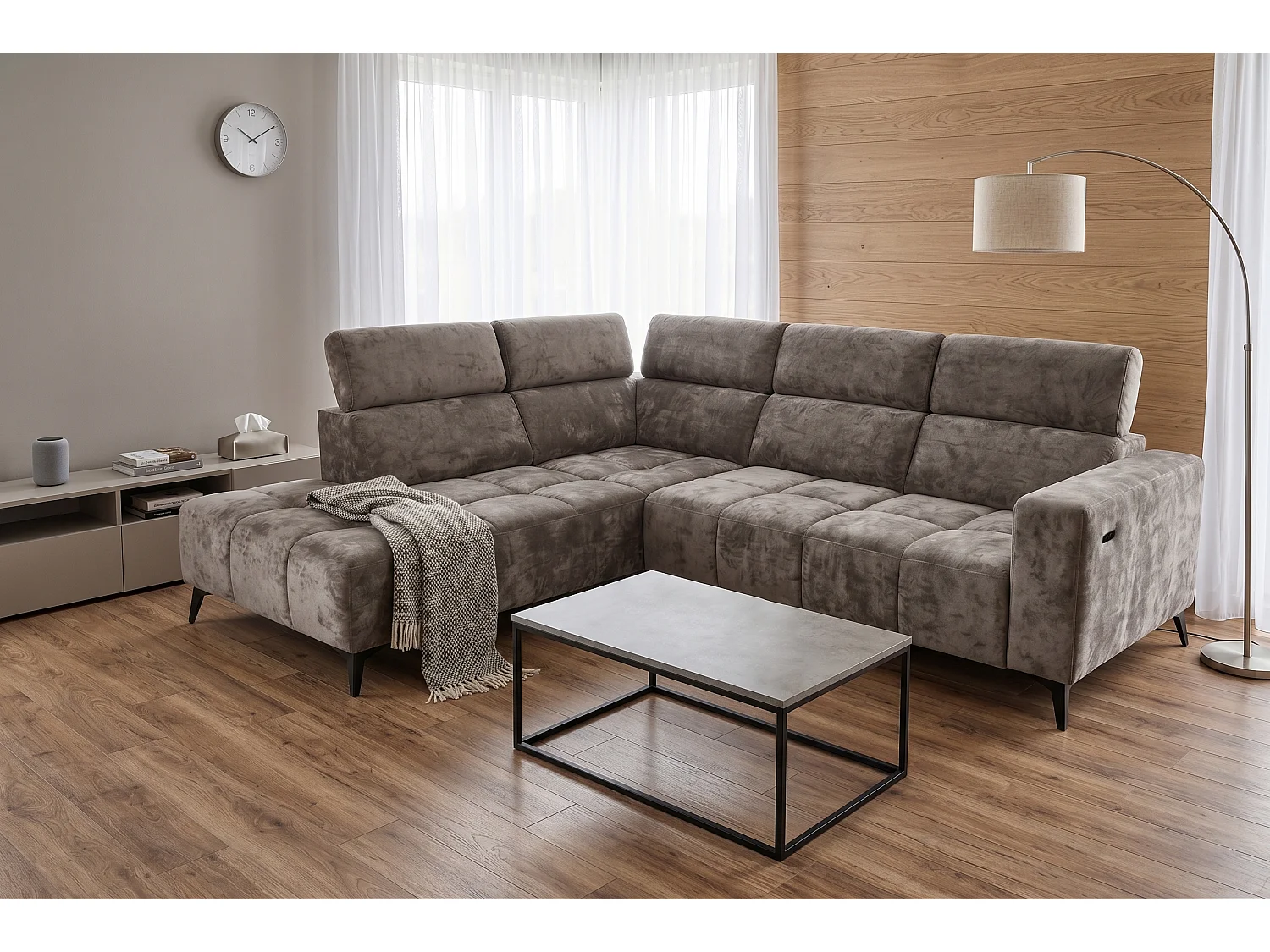 Canapé d’angle Felicity – premium, relaxation électrique, USB et design modern organic
