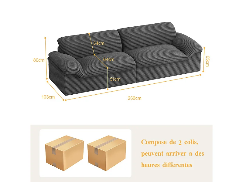 Canapé 3/4 places modulable en velours côtelé grosses côtes - 260x103x80cm - Gris