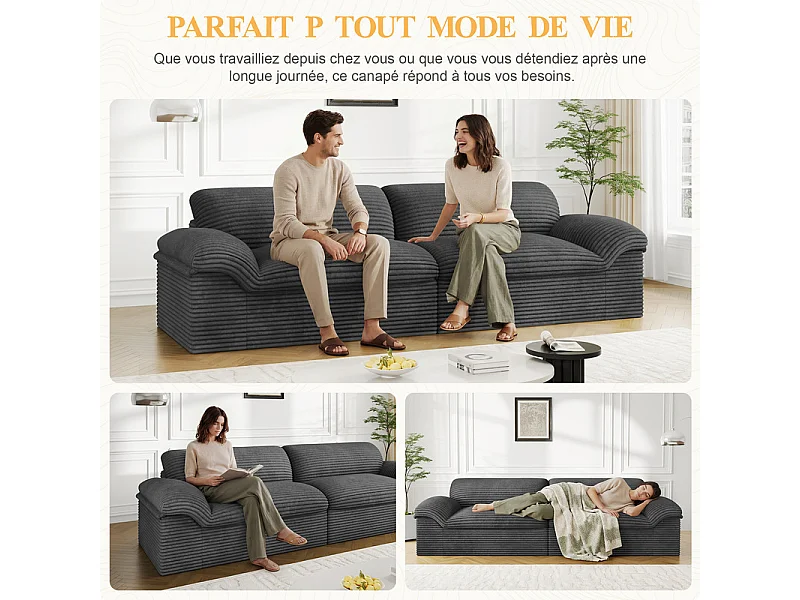 Canapé 3/4 places modulable en velours côtelé grosses côtes - 260x103x80cm - Gris