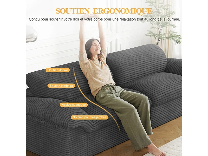 Canapé 3/4 places modulable en velours côtelé grosses côtes - 260x103x80cm - Gris