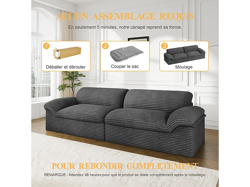 Canapé 3/4 places modulable en velours côtelé grosses côtes - 260x103x80cm - Gris