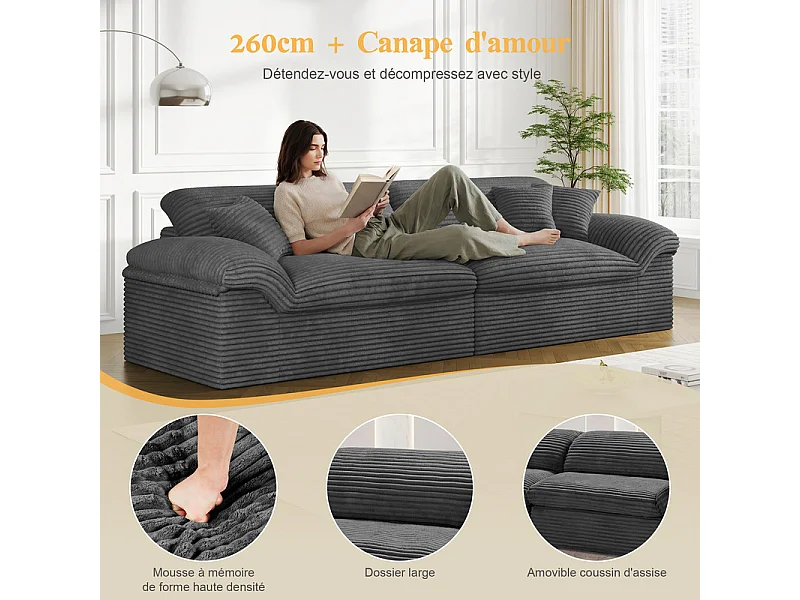 Canapé 3/4 places modulable en velours côtelé grosses côtes - 260x103x80cm - Gris