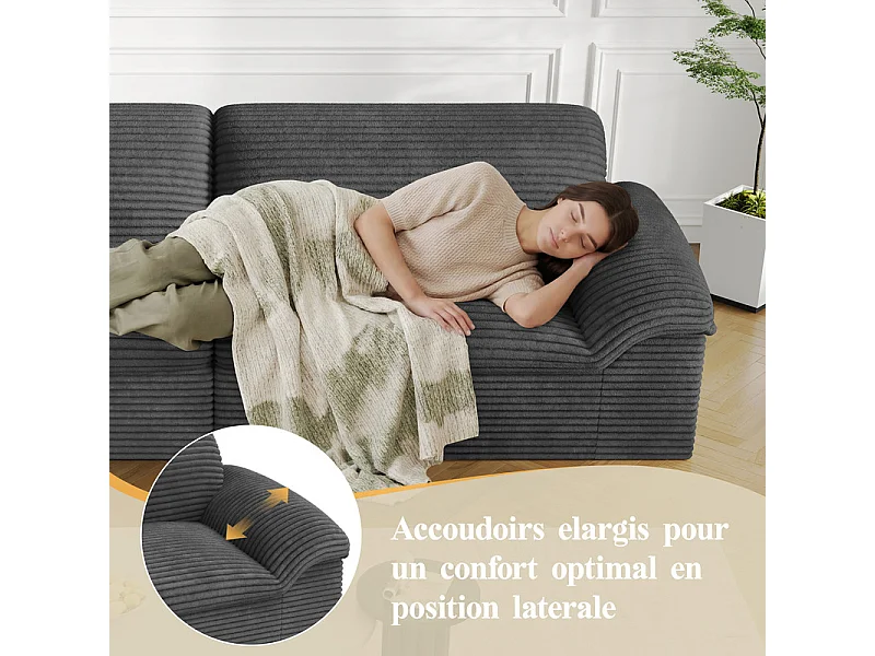 Canapé 3/4 places modulable en velours côtelé grosses côtes - 260x103x80cm - Gris