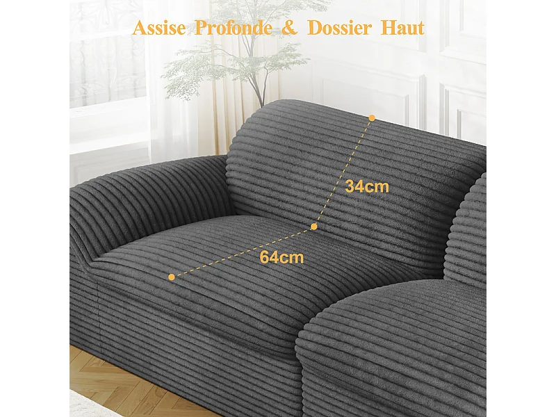 Canapé 3/4 places modulable en velours côtelé grosses côtes - 260x103x80cm - Gris