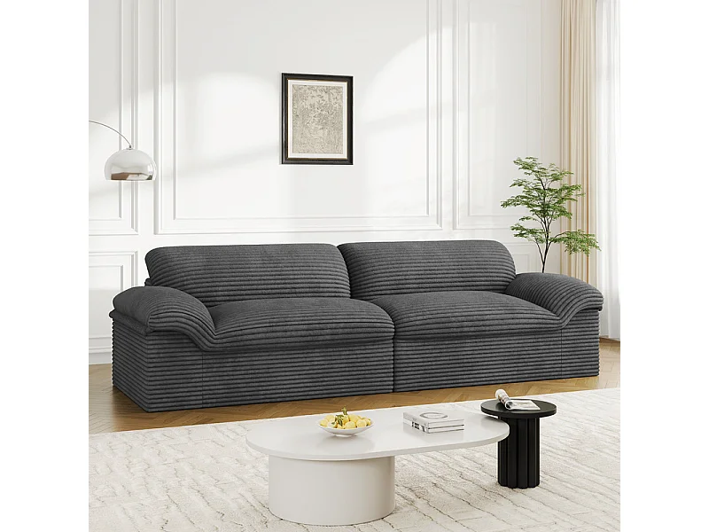 Canapé 3/4 places modulable en velours côtelé grosses côtes - 260x103x80cm - Gris