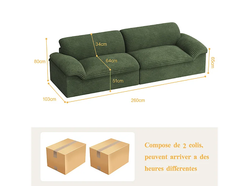 Canapé 3/4 places modulable en velours côtelé grosses côtes - 260x103x80cm - Vert