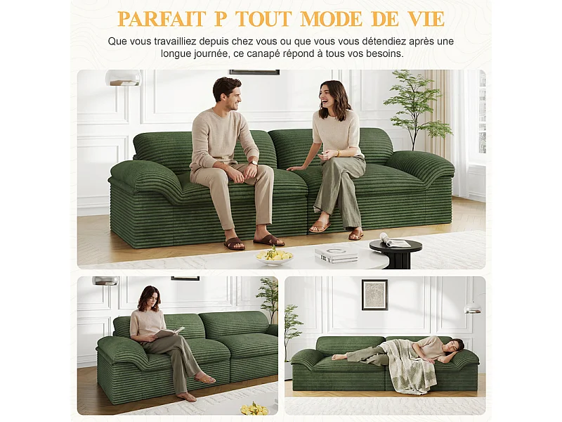 Canapé 3/4 places modulable en velours côtelé grosses côtes - 260x103x80cm - Vert