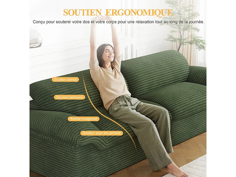 Canapé 3/4 places modulable en velours côtelé grosses côtes - 260x103x80cm - Vert