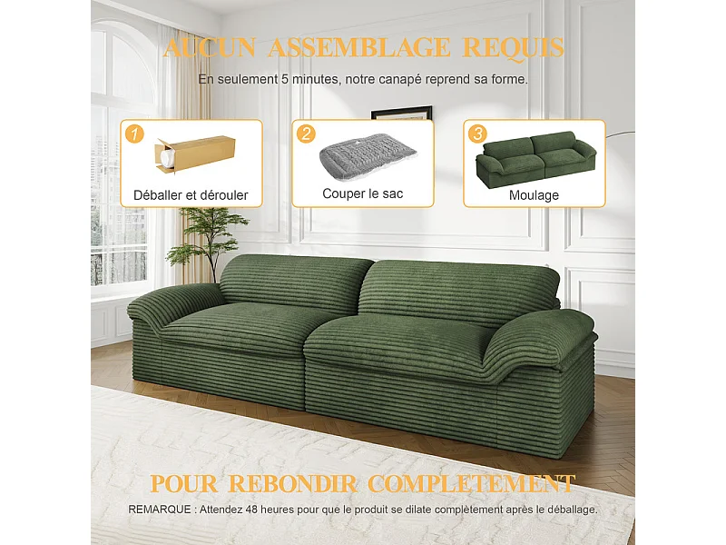 Canapé 3/4 places modulable en velours côtelé grosses côtes - 260x103x80cm - Vert