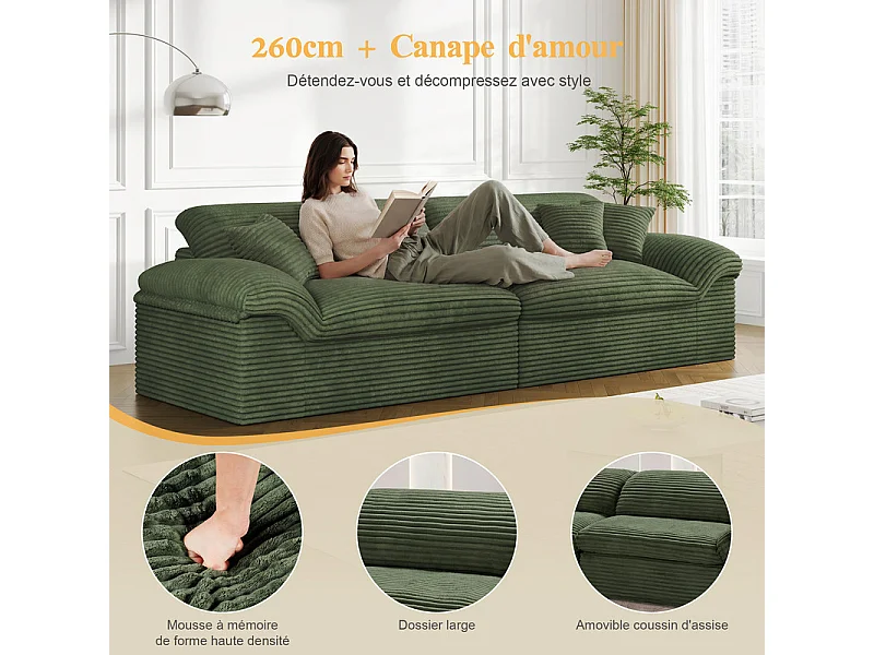 Canapé 3/4 places modulable en velours côtelé grosses côtes - 260x103x80cm - Vert