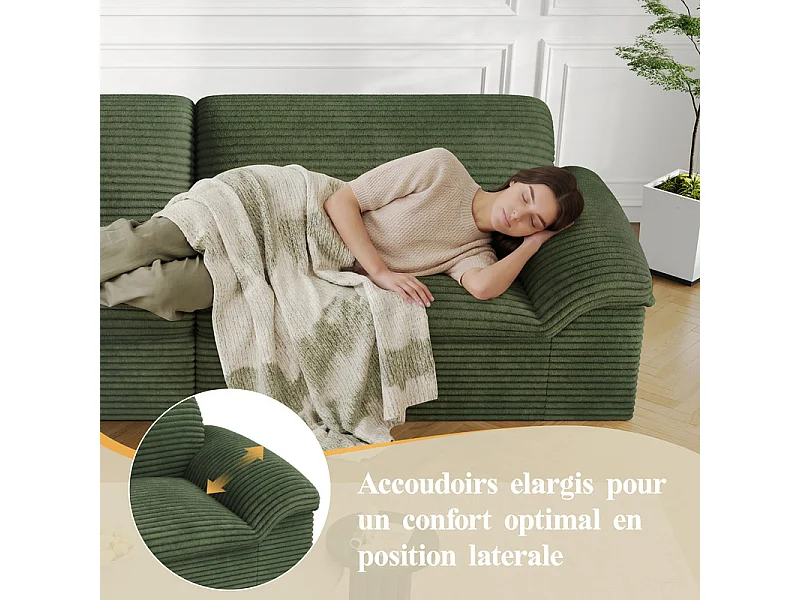 Canapé 3/4 places modulable en velours côtelé grosses côtes - 260x103x80cm - Vert
