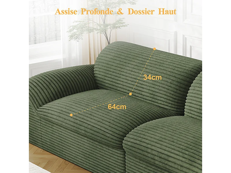 Canapé 3/4 places modulable en velours côtelé grosses côtes - 260x103x80cm - Vert