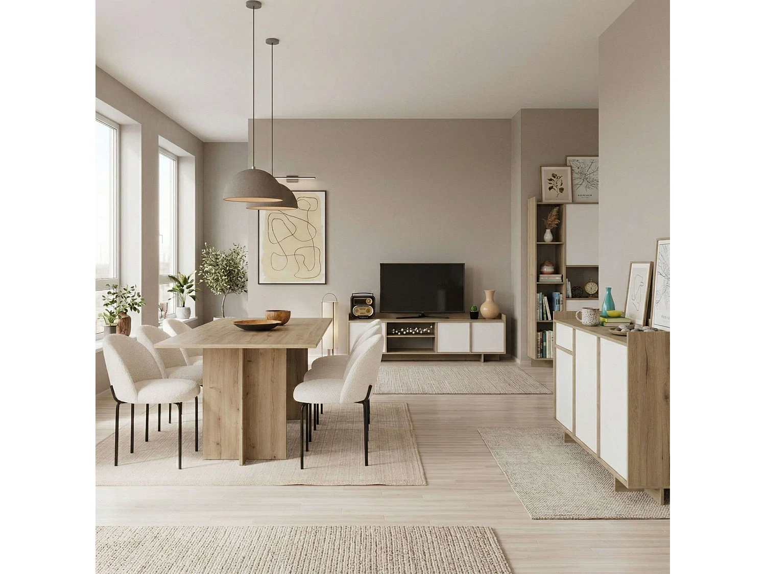 Pack salón Lead (mueble tv, aparador, estantería y mesa comedor extensible)