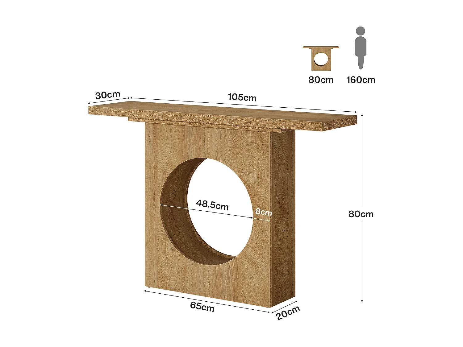 Console de style campagnard de 105 cm, petite table d'entrée avec design à trous ronds