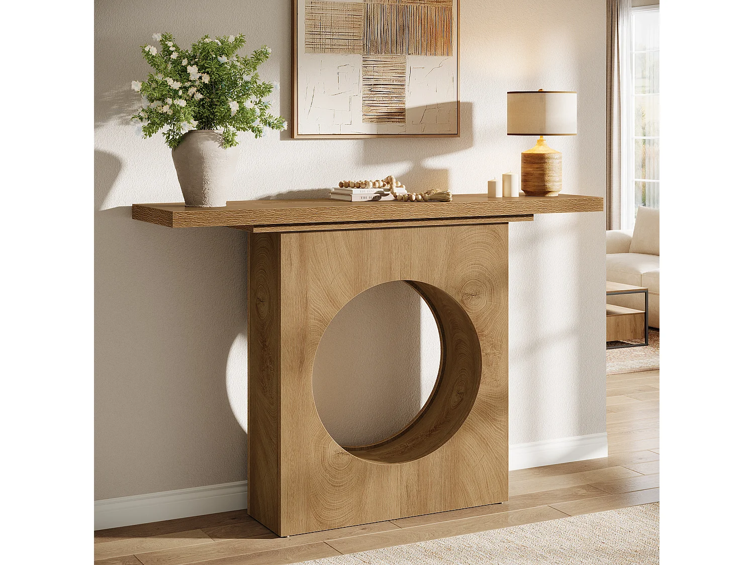 Console de style campagnard de 105 cm, petite table d'entrée avec design à trous ronds