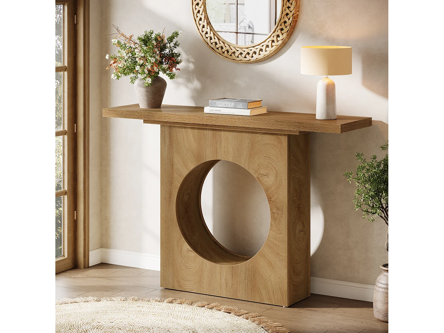 Console de style campagnard de 105 cm, petite table d'entrée avec design à trous ronds