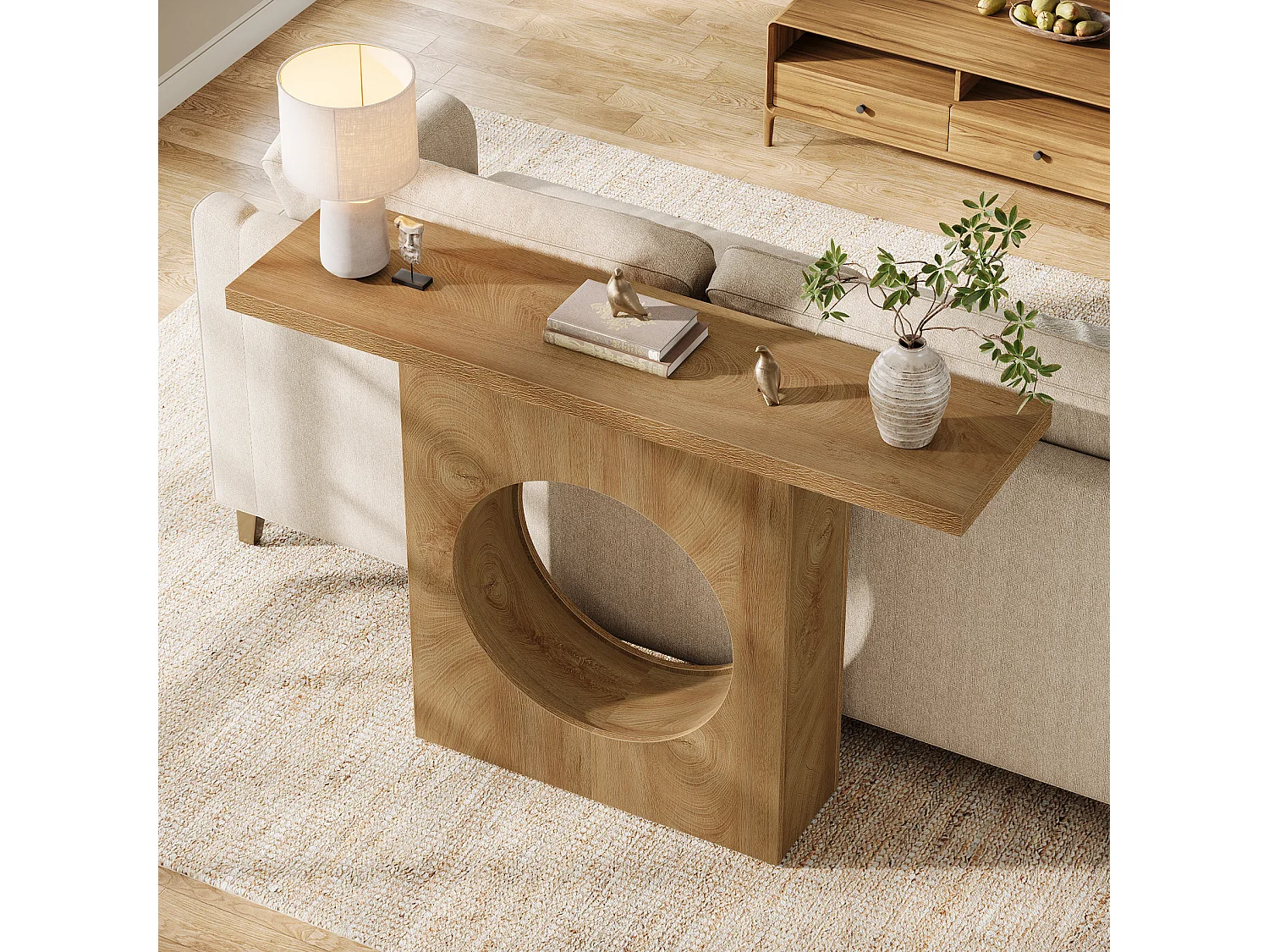 Console de style campagnard de 105 cm, petite table d'entrée avec design à trous ronds