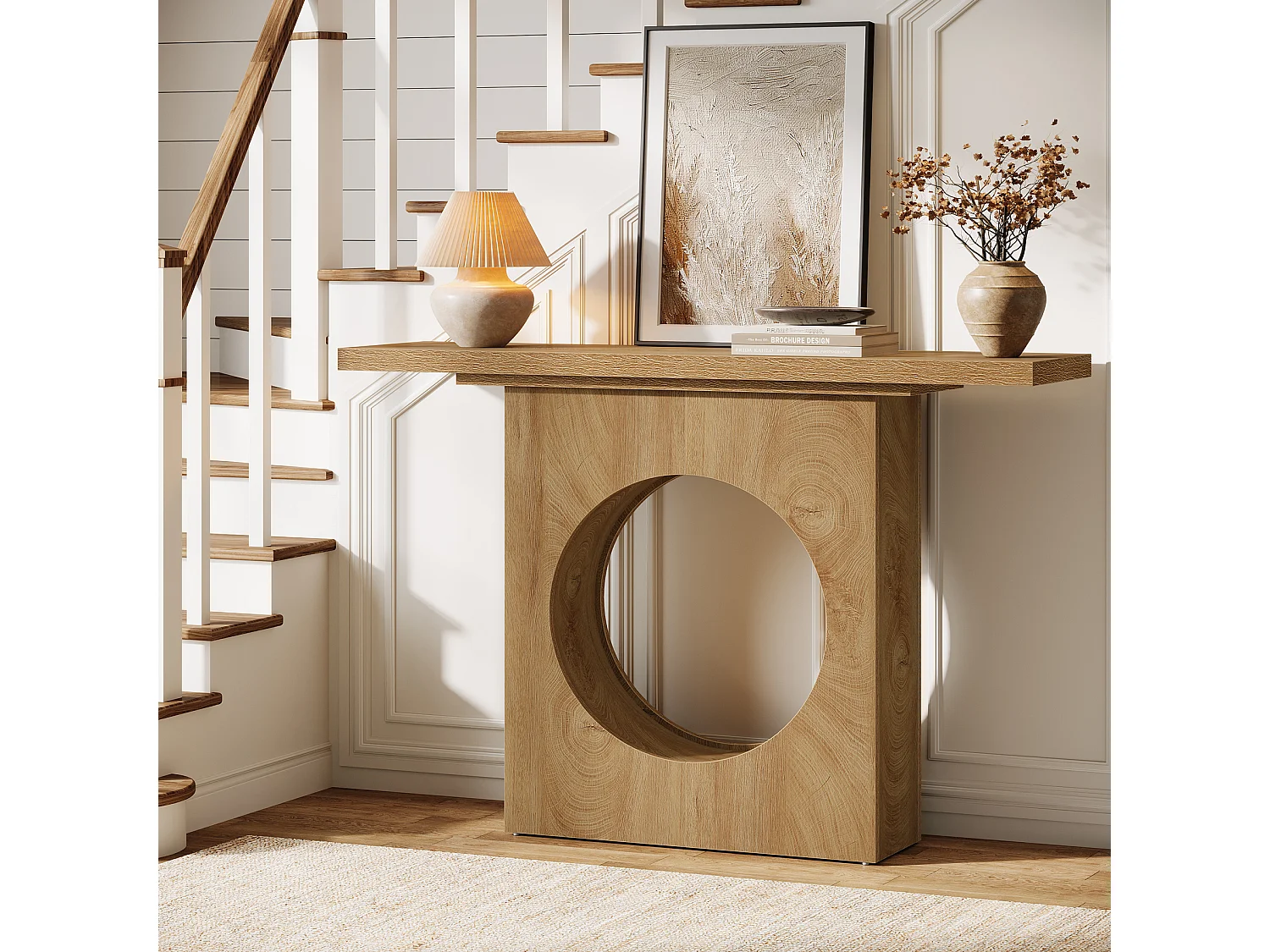 Console de style campagnard de 105 cm, petite table d'entrée avec design à trous ronds