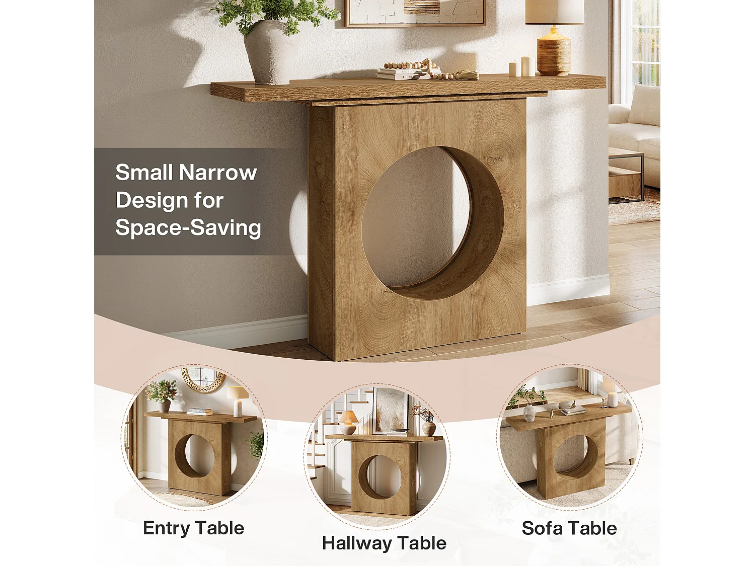 Console de style campagnard de 105 cm, petite table d'entrée avec design à trous ronds