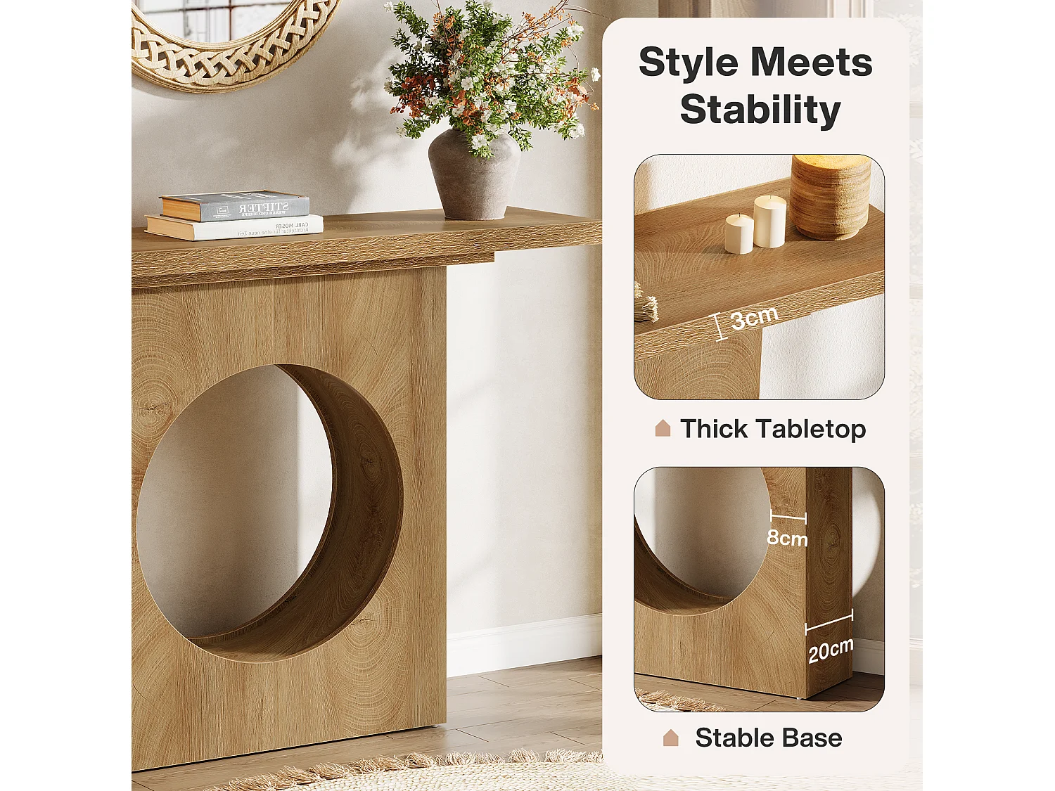 Console de style campagnard de 105 cm, petite table d'entrée avec design à trous ronds