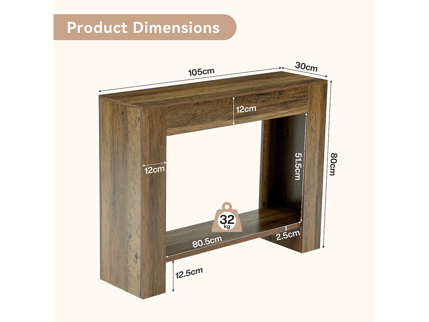 Console de style campagnard de 105 cm, table d'entrée à deux niveaux avec rangement