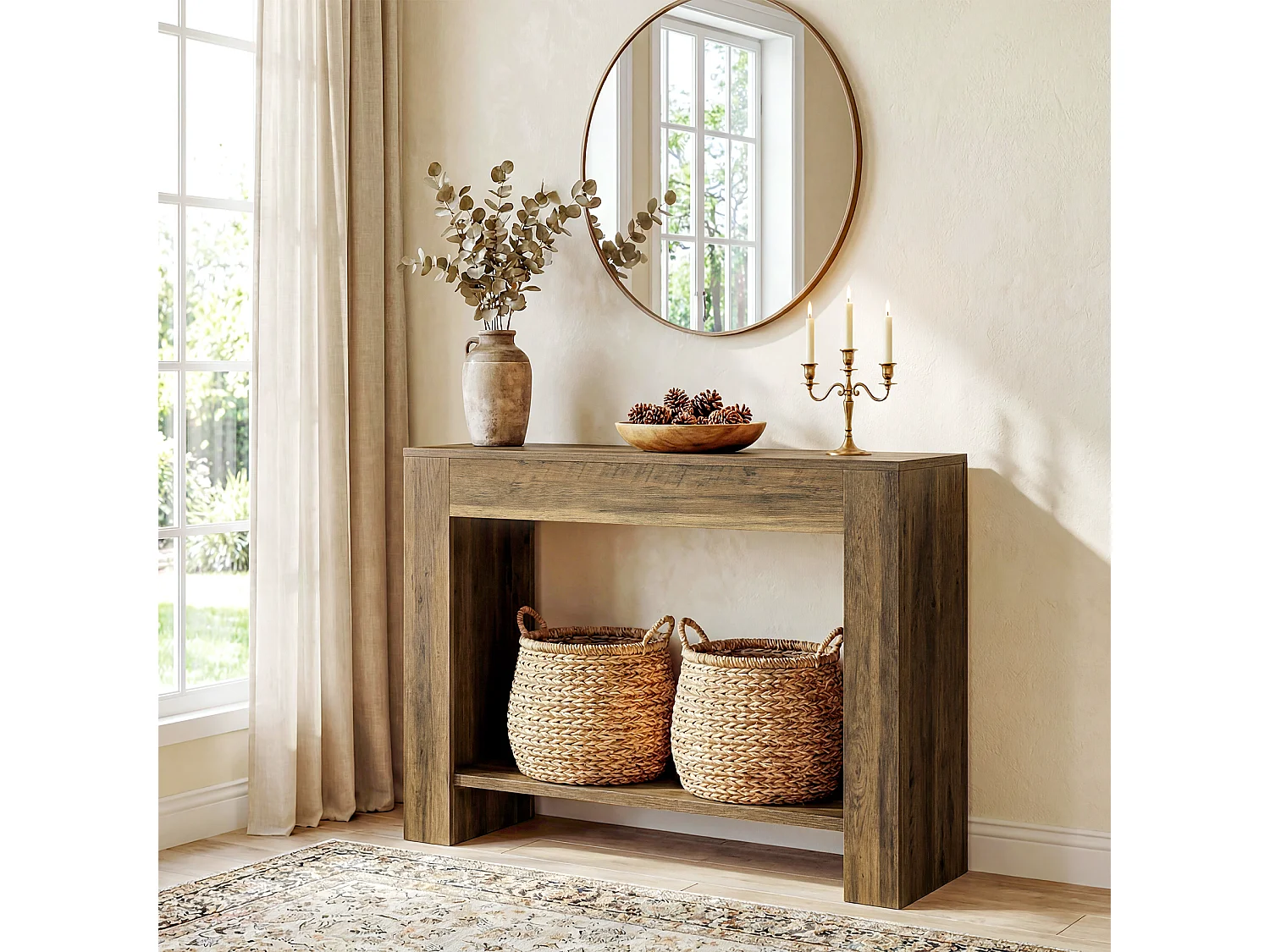 Console de style campagnard de 105 cm, table d'entrée à deux niveaux avec rangement