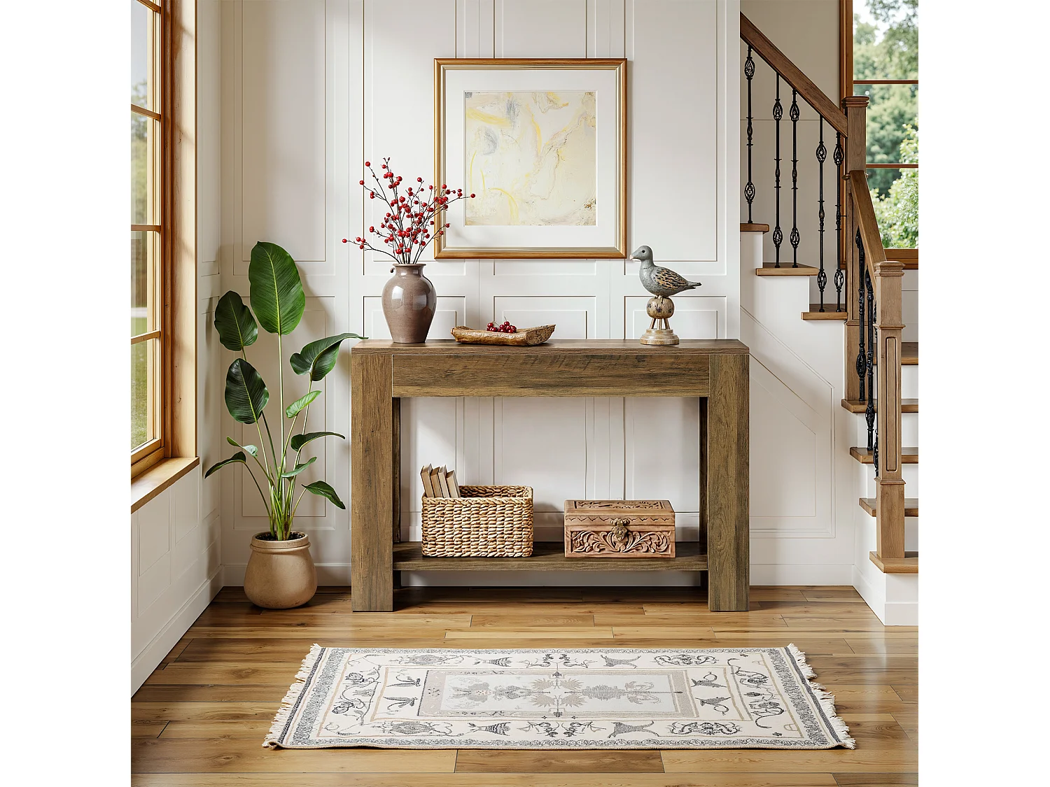 Console de style campagnard de 105 cm, table d'entrée à deux niveaux avec rangement