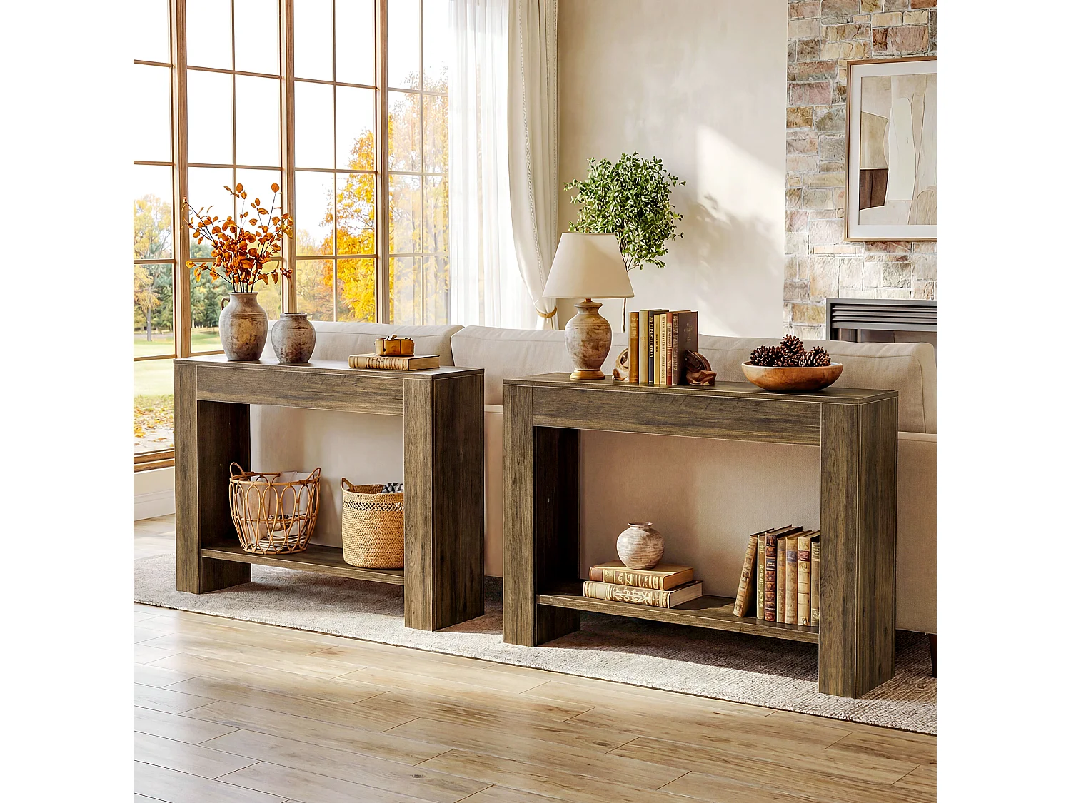 Console de style campagnard de 105 cm, table d'entrée à deux niveaux avec rangement