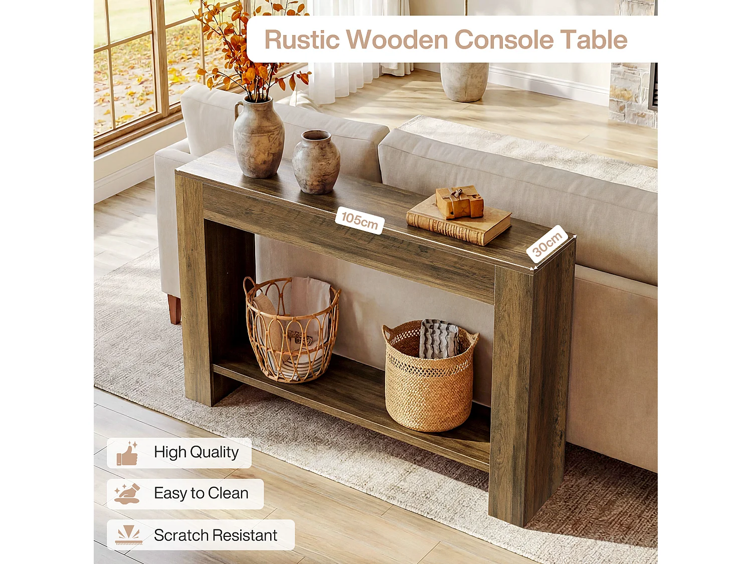 Console de style campagnard de 105 cm, table d'entrée à deux niveaux avec rangement