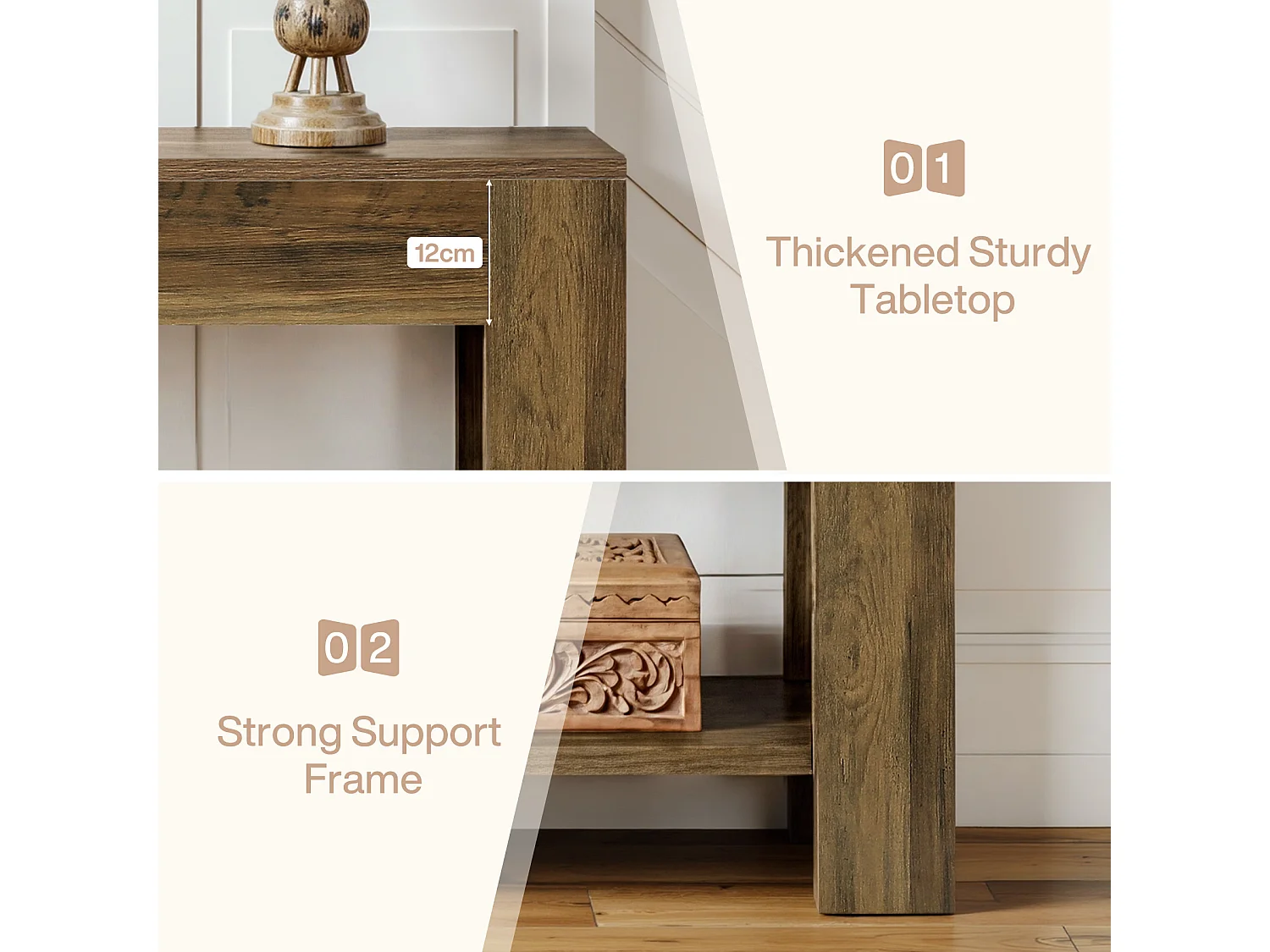 Console de style campagnard de 105 cm, table d'entrée à deux niveaux avec rangement