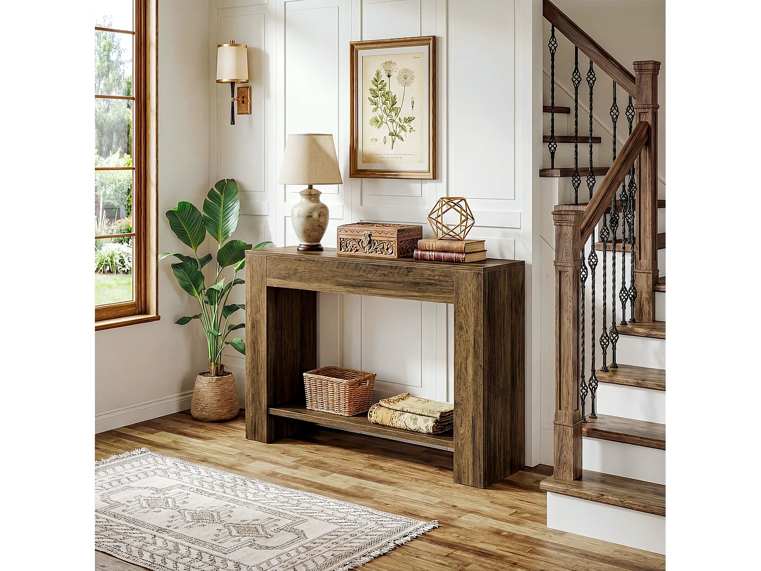 Console de style campagnard de 105 cm, table d'entrée à deux niveaux avec rangement