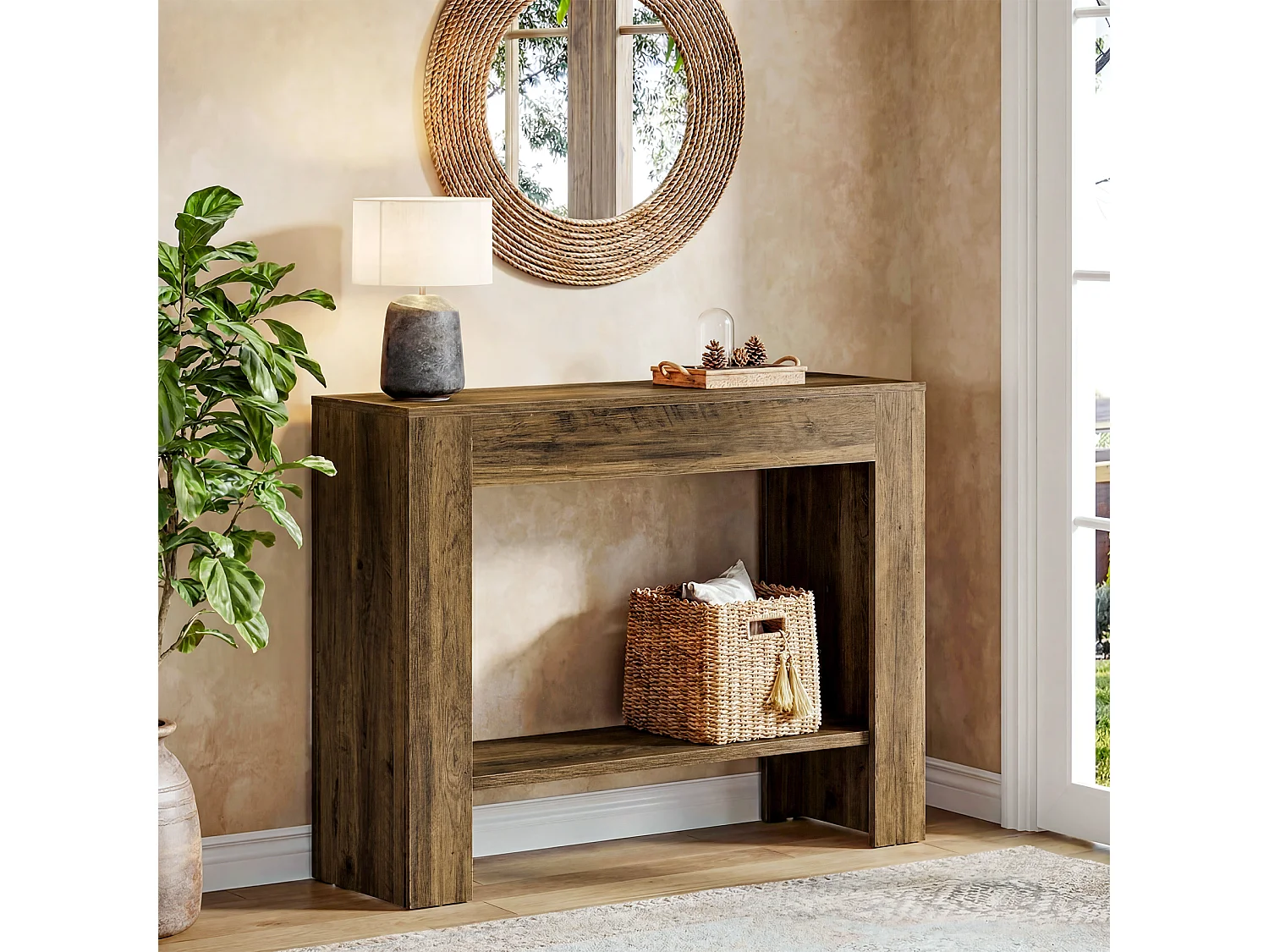 Console de style campagnard de 105 cm, table d'entrée à deux niveaux avec rangement