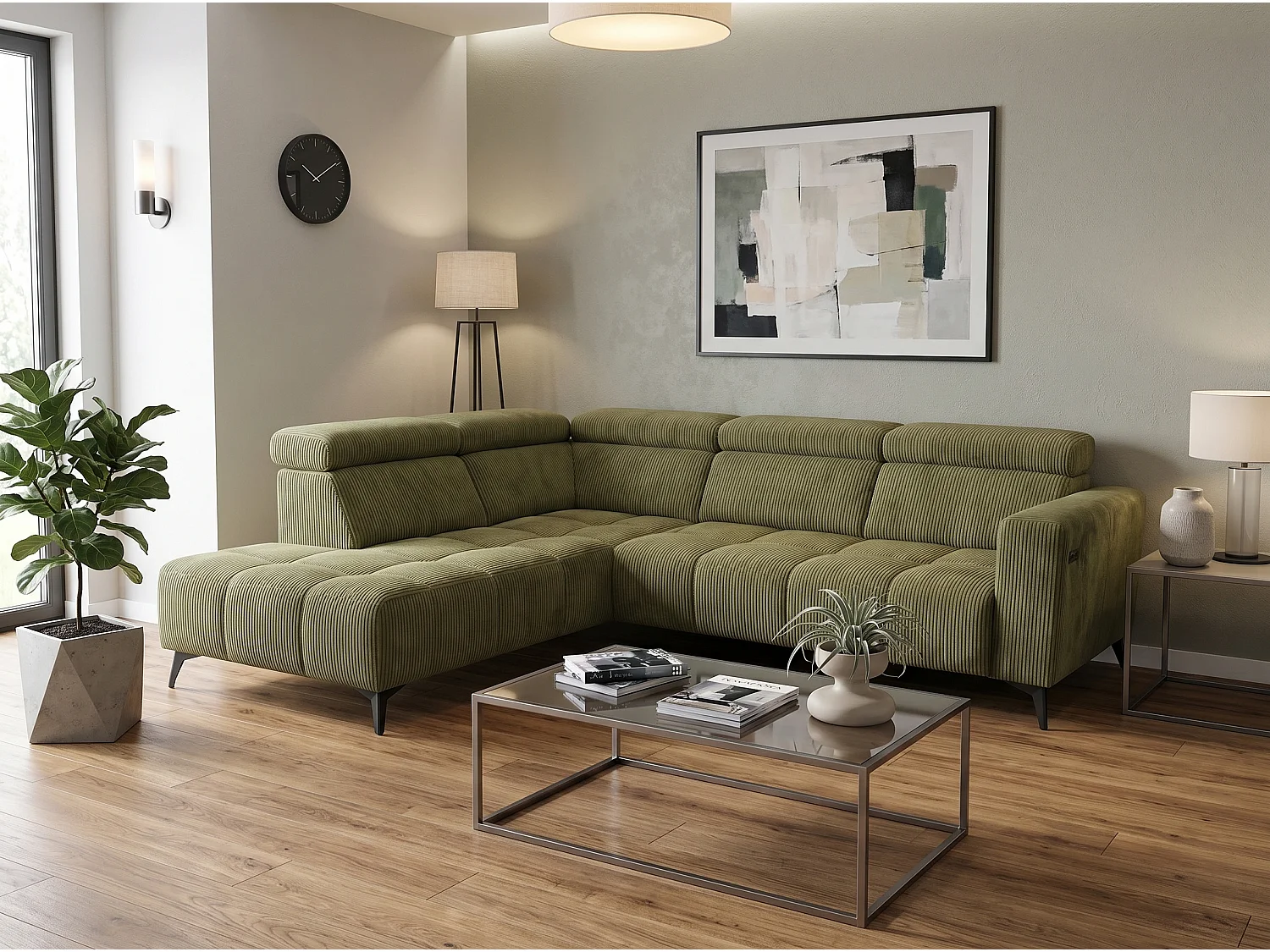 Canapé d’angle Felicity – premium, relaxation électrique, USB et design modern organic