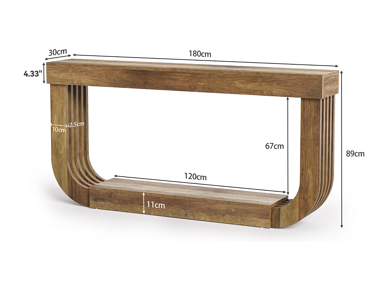 Console extra longue et étroite de 180 cm, grande table d'entrée/de hall à 2 niveaux, marron rustique, avec piétement robuste en forme de U