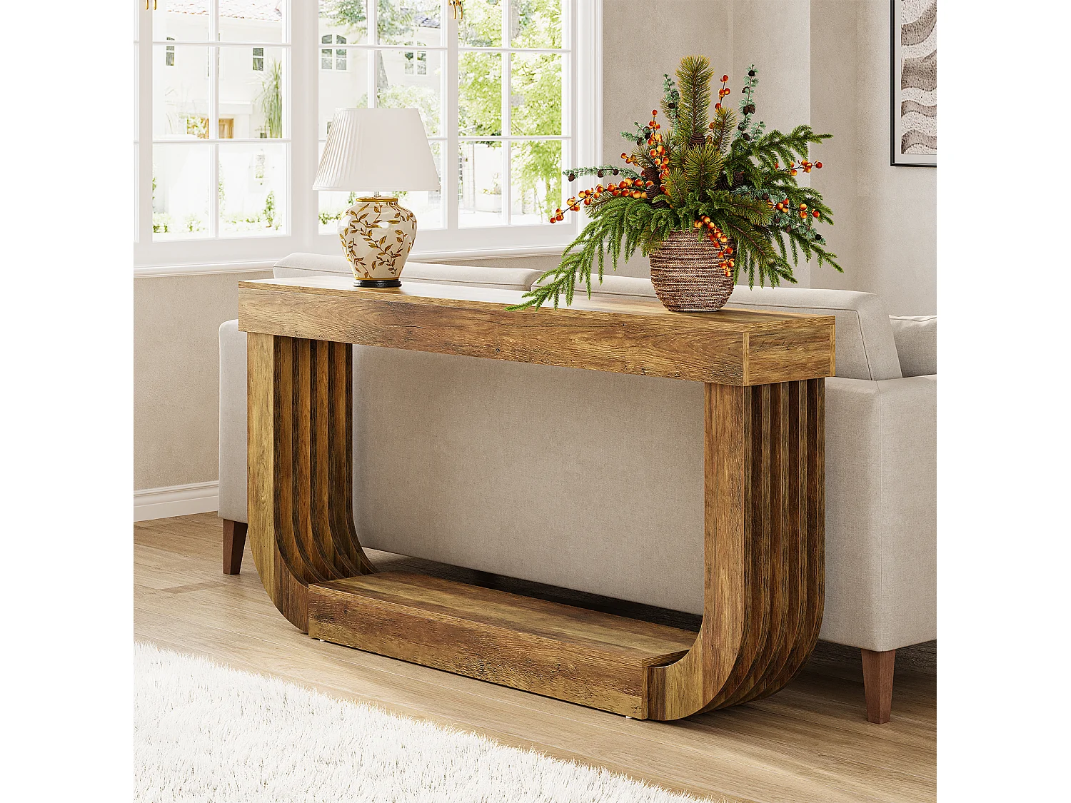 Console extra longue et étroite de 180 cm, grande table d'entrée/de hall à 2 niveaux, marron rustique, avec piétement robuste en forme de U