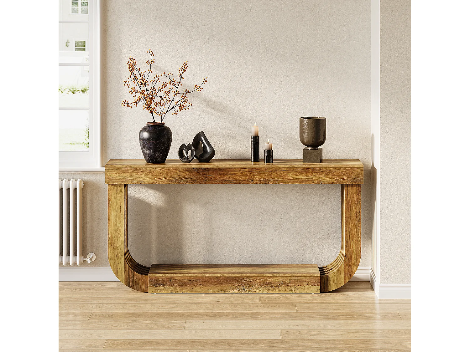 Console extra longue et étroite de 180 cm, grande table d'entrée/de hall à 2 niveaux, marron rustique, avec piétement robuste en forme de U