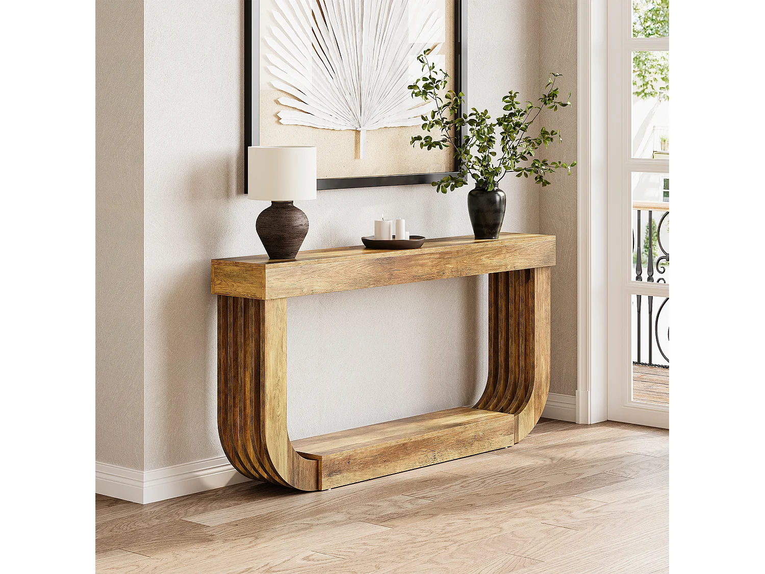 Console extra longue et étroite de 180 cm, grande table d'entrée/de hall à 2 niveaux, marron rustique, avec piétement robuste en forme de U