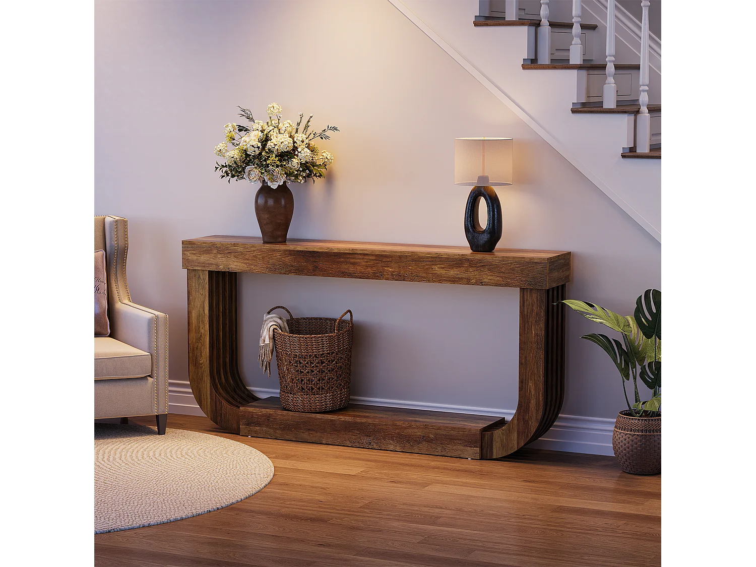 Console extra longue et étroite de 180 cm, grande table d'entrée/de hall à 2 niveaux, marron rustique, avec piétement robuste en forme de U