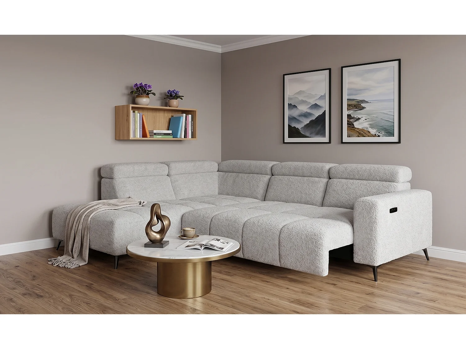 Canapé d’angle Felicity – premium, relaxation électrique, USB et design modern organic
